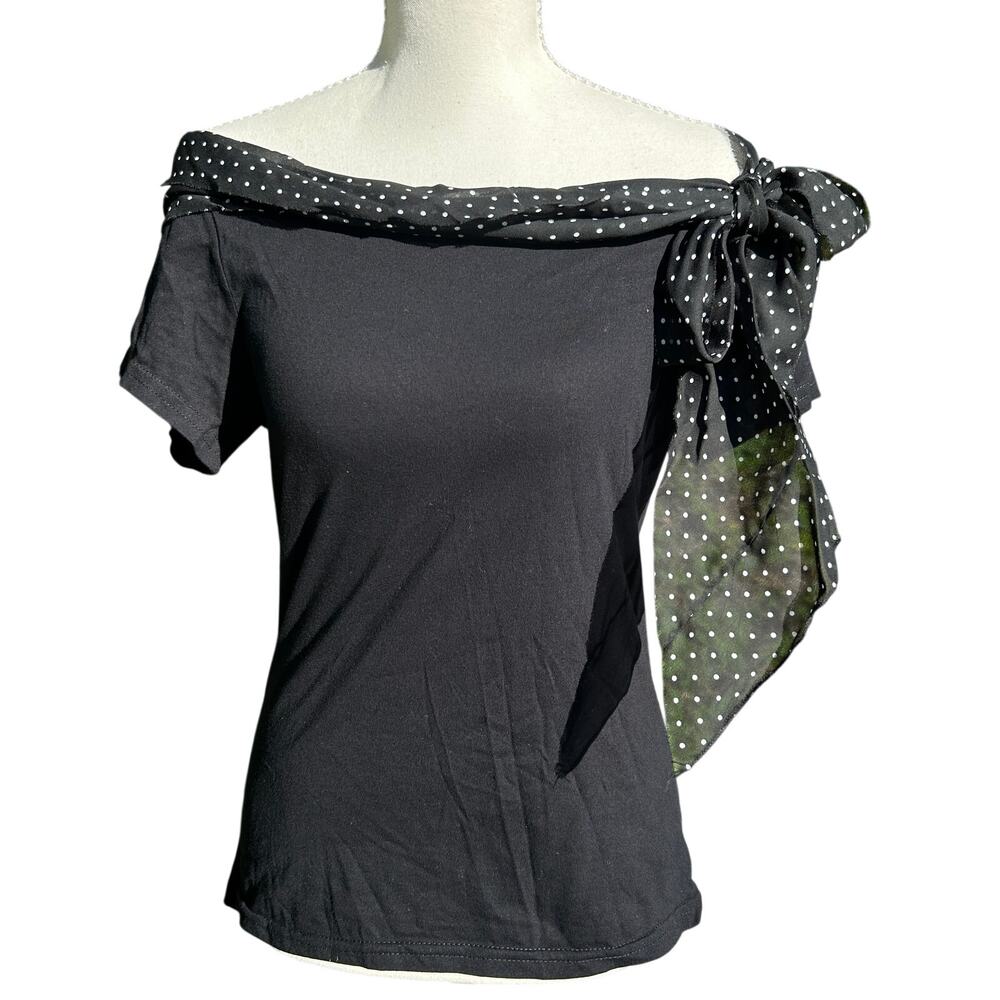 VTG Y2K Odille Black Off The Shoulder French Style Polka Dot Top L